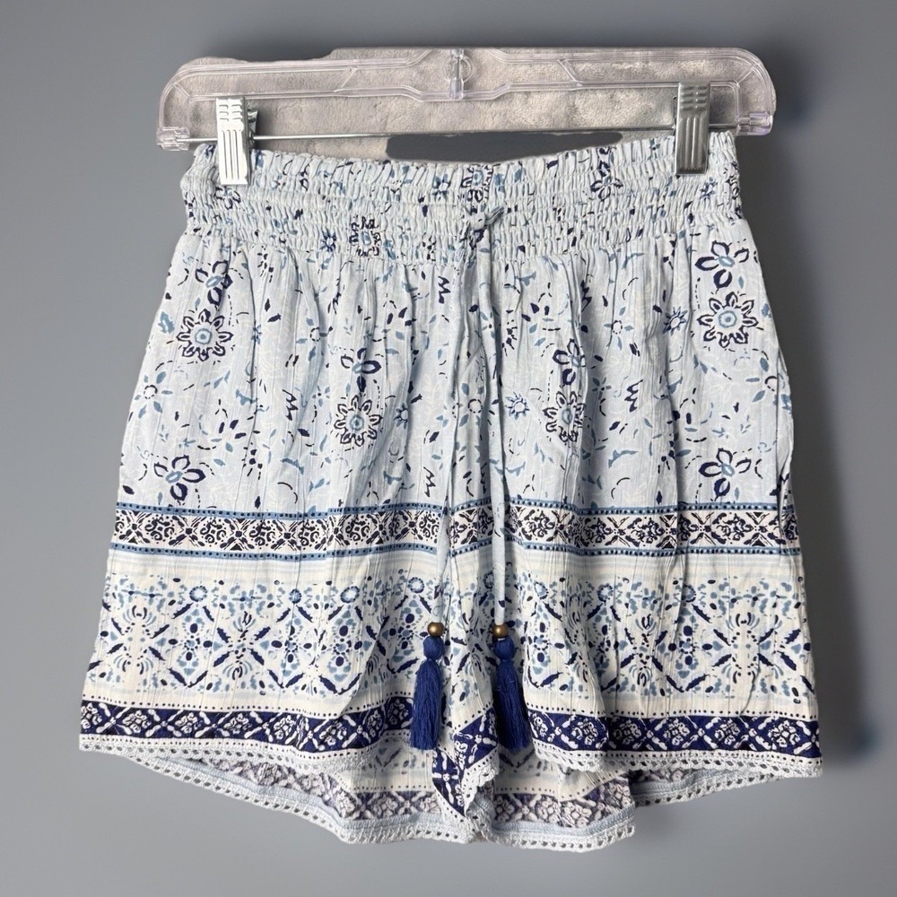 francesca's Shorts Women XS Light Blue Boho Medallion Tassel Smocked Rayon PKT